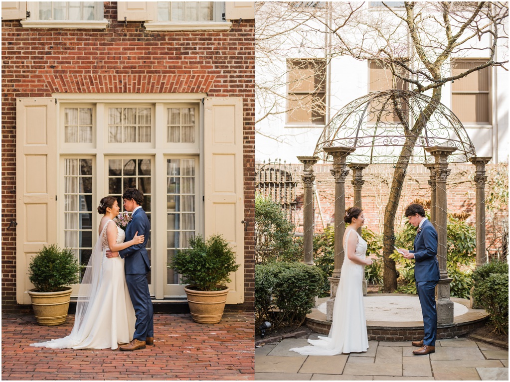 Exterior wedding photos at the Morris House Hotel, including a ceremony in the garden