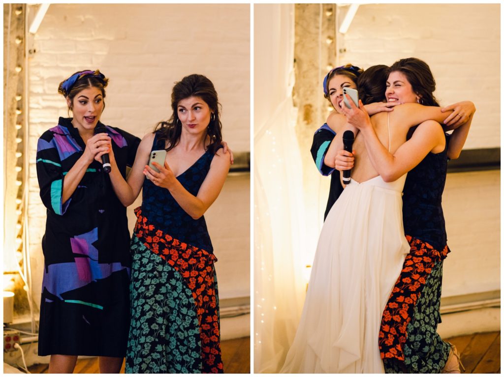 The bride embraces friends at the Power Plant Productions wedding