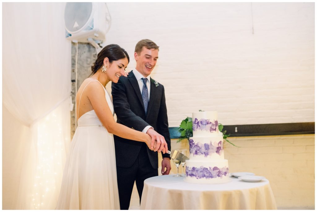 The couple cuts the cake