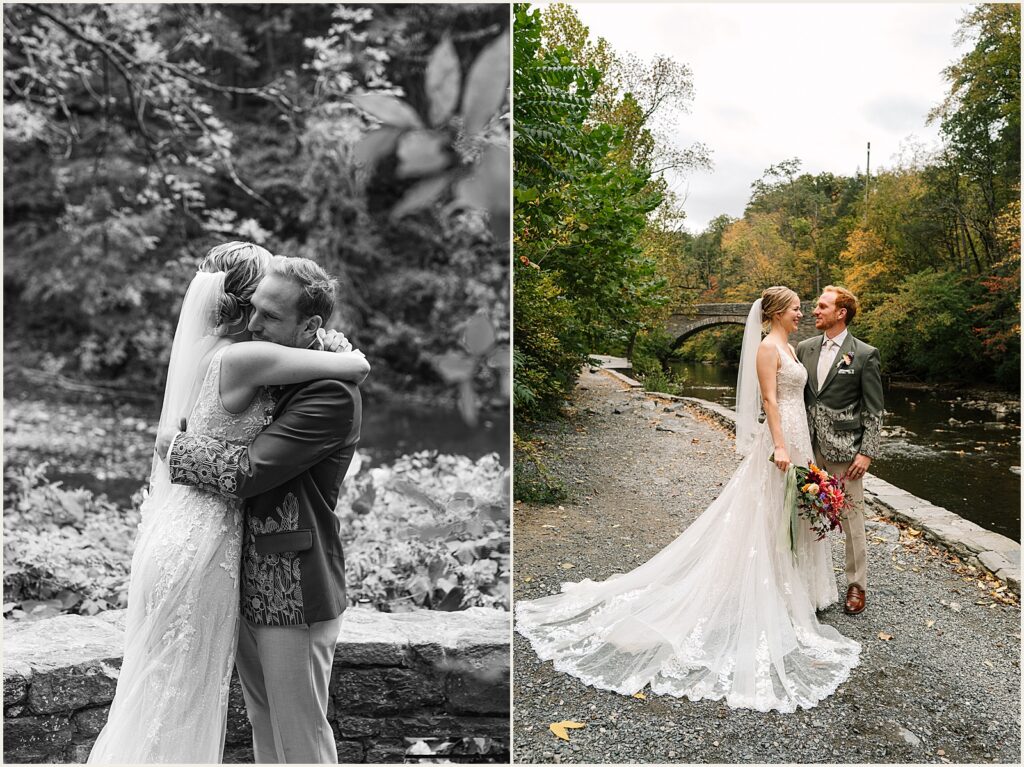 A bride and groom pose for a Philly wedding photographer along a wooded path.