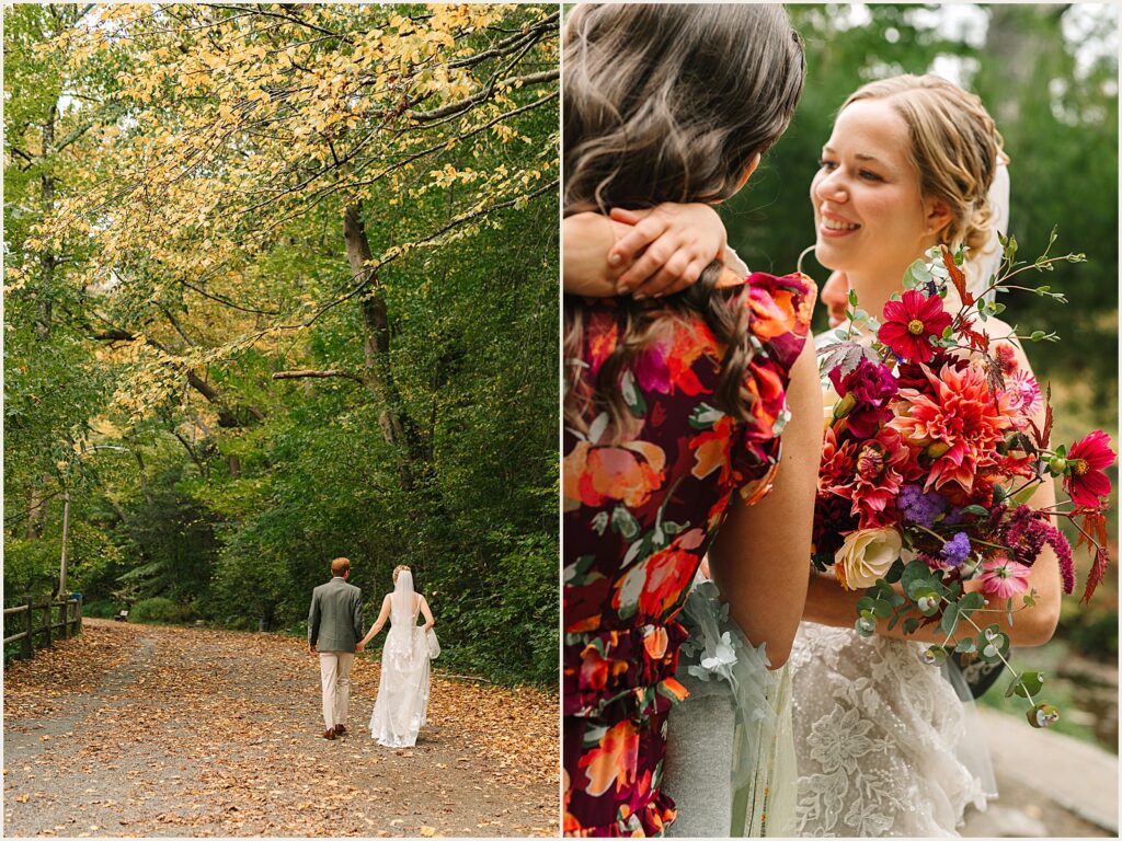 A bride greets friends in a candid wedding photo.