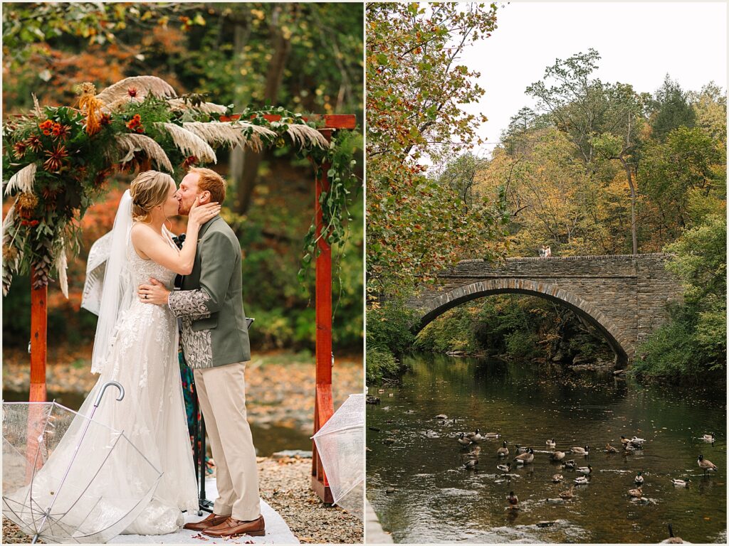 A bride and groom kiss at the end of a Valley Green Inn wedding ceremony.