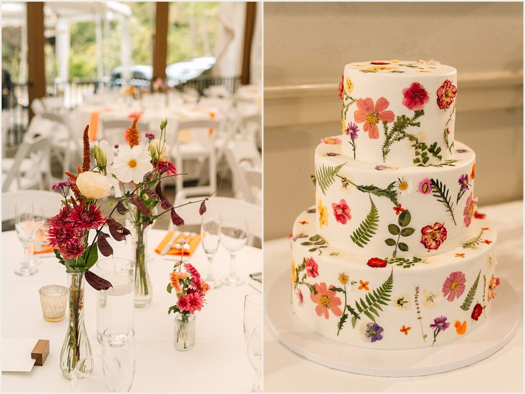 Pressed flowers decorate a wedding cake.