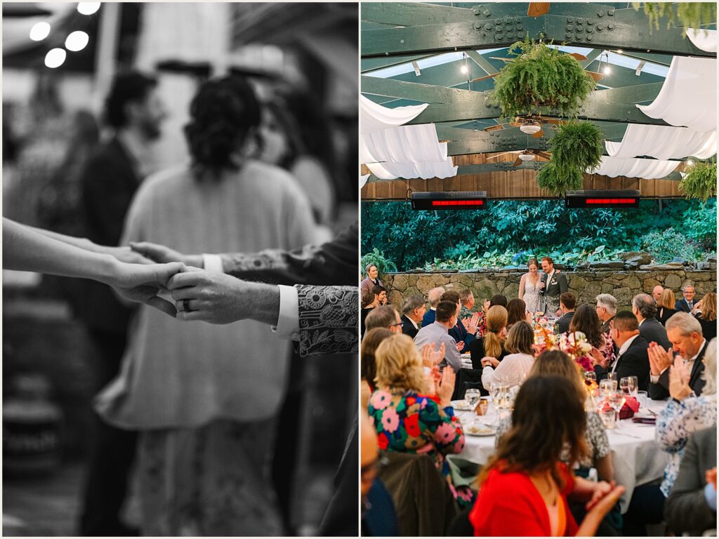 Two people hold hands in a black and white wedding photo.