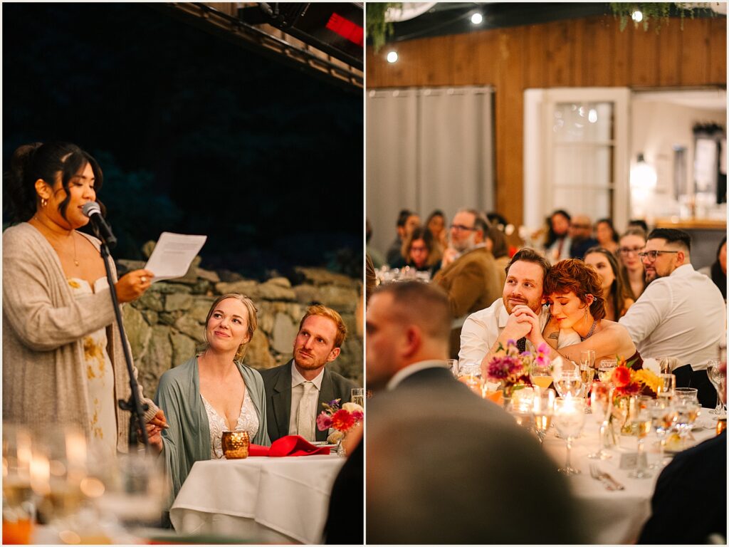 Guests lean on each other and listen to a speech.