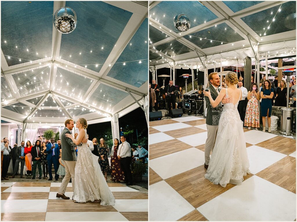 A bride and groom share their first dance at their Valley Green Inn wedding.