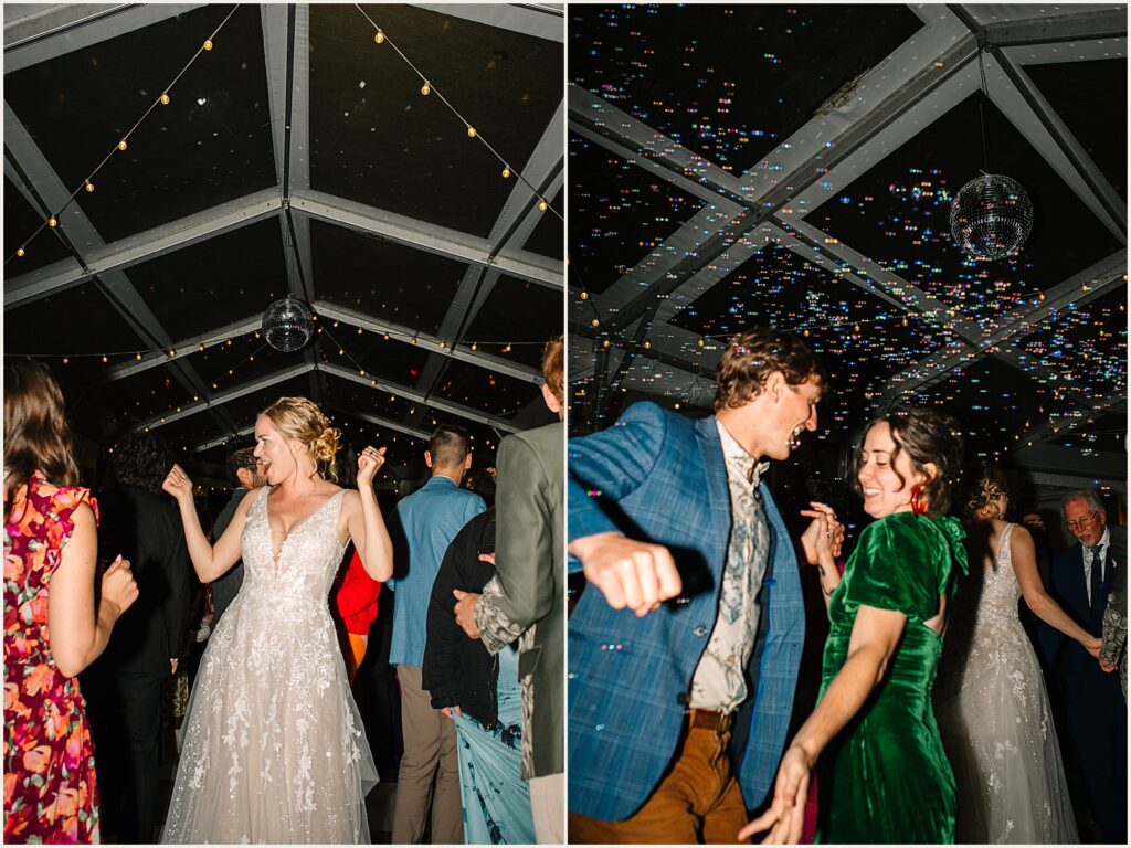 A bride dances with friends.
