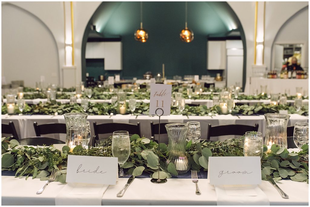 Greenery decorates the dining tables.
