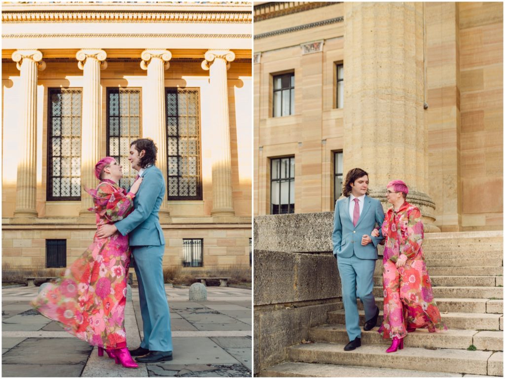 A couple wears sustainable wedding attire that they bought at a thrift store.
