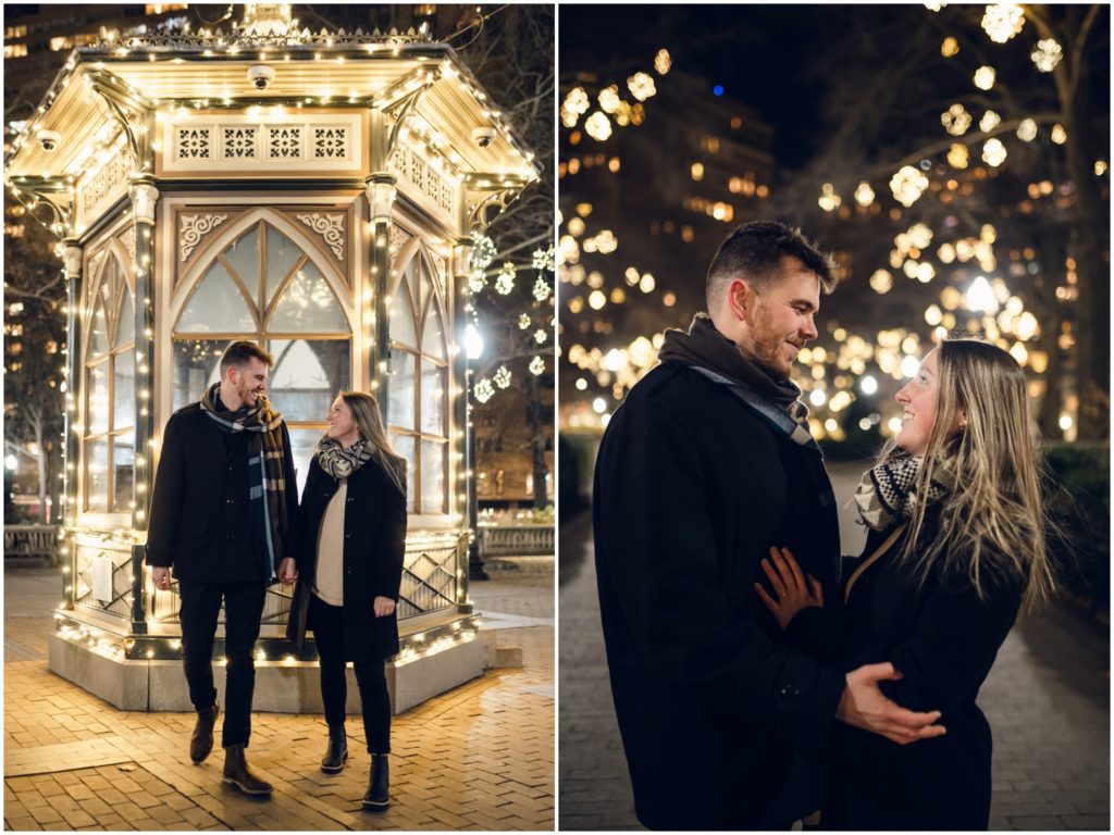 A couple walks away from a decorated gazebo after their Rittenhouse Square proposal in Philadelphia.