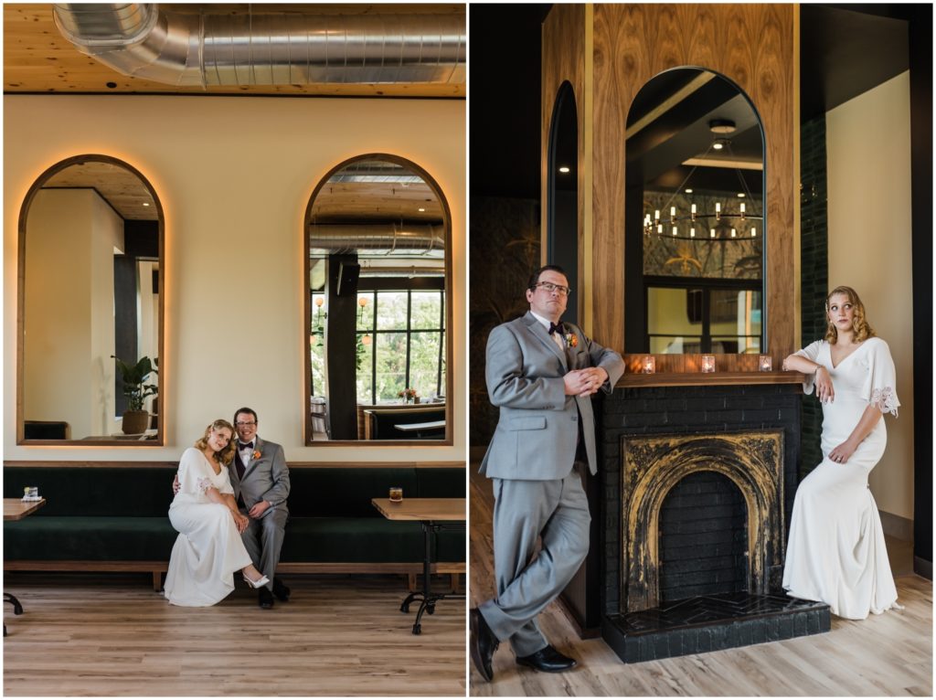 Alex and Tori pose for wedding portraits in different sections of Lark.