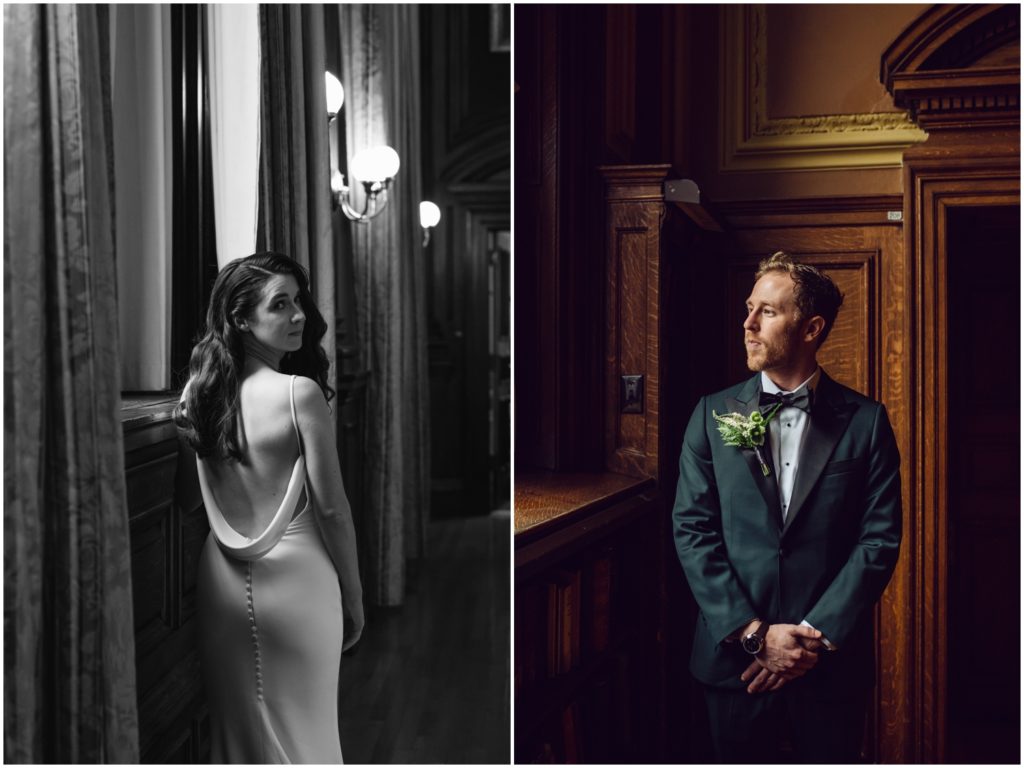 Jack and Kristen pose for individual wedding portraits in the Mutter Museum.
