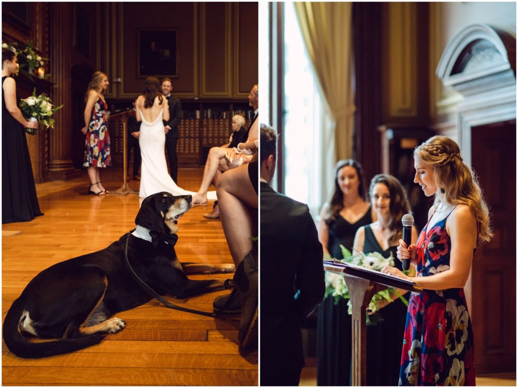 A dog sits in the front row of wedding guests during the ceremony.