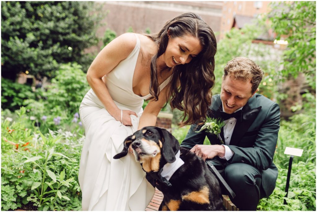 In the courtyard, a bride and groom pet their dog before a Mutter Museum wedding.
