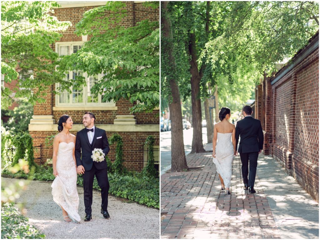 A bride and groom walk down a shady Philadelphia sidewalk.