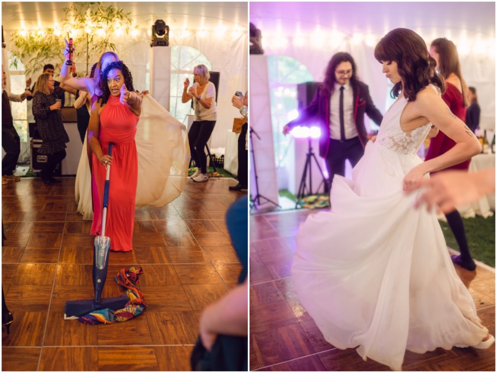 A wedding guest leads a conga line with a mop.