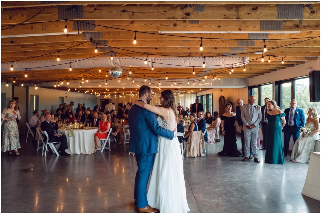 The bride and groom share a first dance at the Philadelphia Discovery Center wedding.