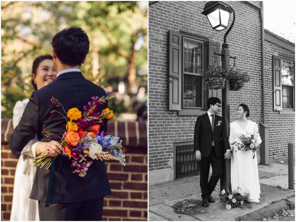 A bride and groom lean on an antique lamp post outside a Philadelphia wedding venue.