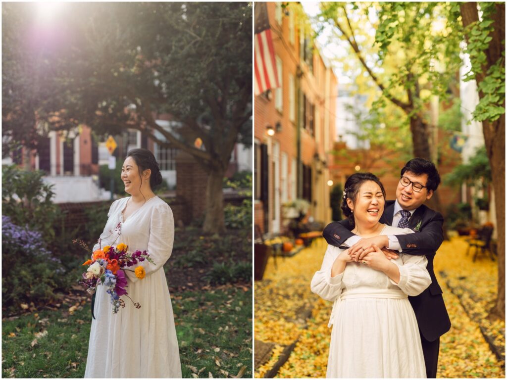 A bride leans back against a groom on a leafy Philadelphia street.