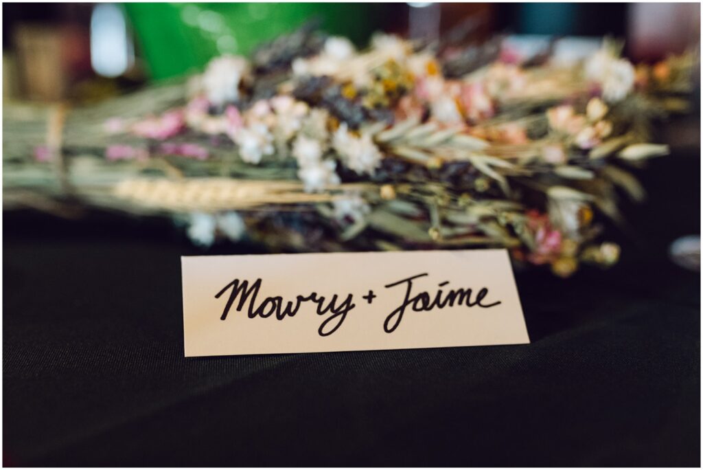A bride and groom's names are written on a place card.