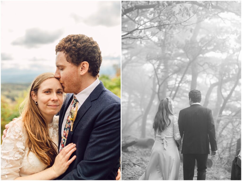 A bride and groom walk into a misty forest at a state park.
