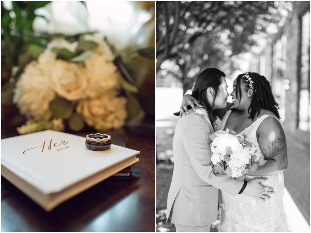 A wedding ring and bridal bouquet sit on top a vows book at a Philadelphia elopement.