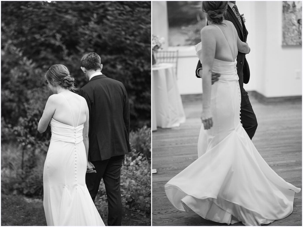 A bride and groom put an arm around each other's waists during their first dance.