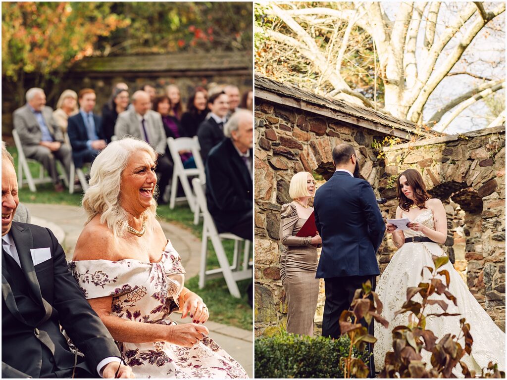 A woman laughs during a fall wedding ceremony.