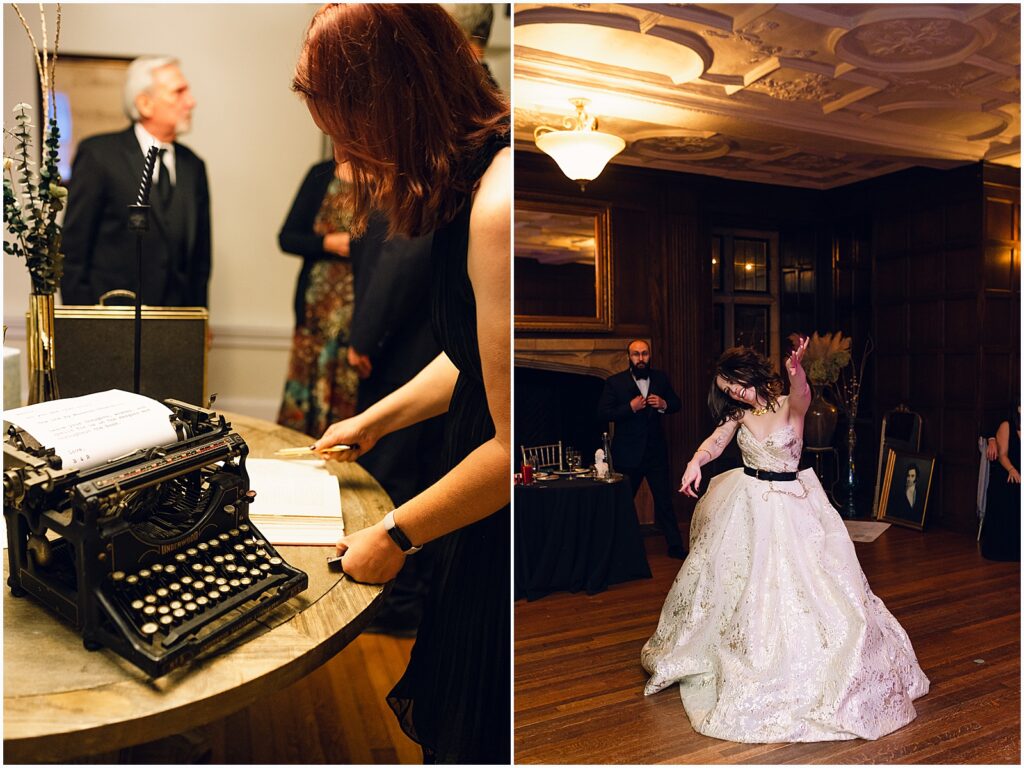 Wedding guests sign a guest book beside a vintage typewriter.