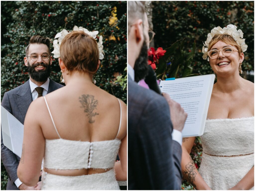 A bride and groom laugh as they read their vows to each other at a Philadelphia wedding.