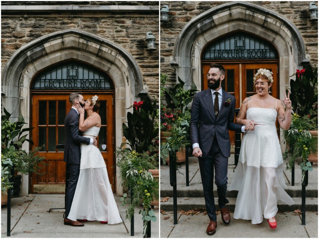 A bride and groom share their first kiss at an outdoor wedding in Philadelphia.