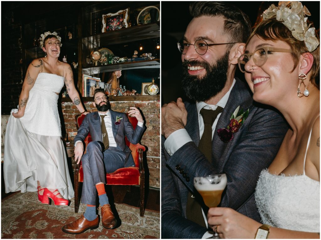 A bride and groom smile as they listen to a speech at a Philadelphia wedding.