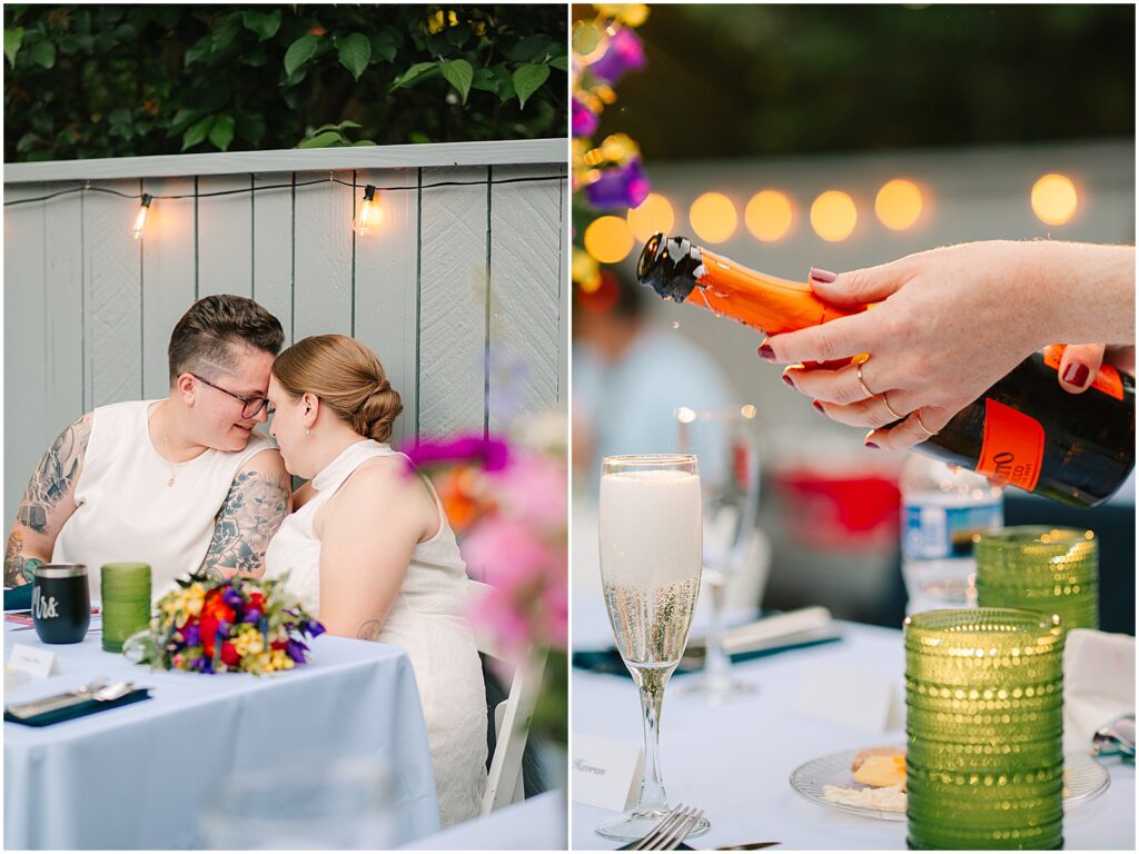 Two brides lean their foreheads together during a backyard wedding reception.