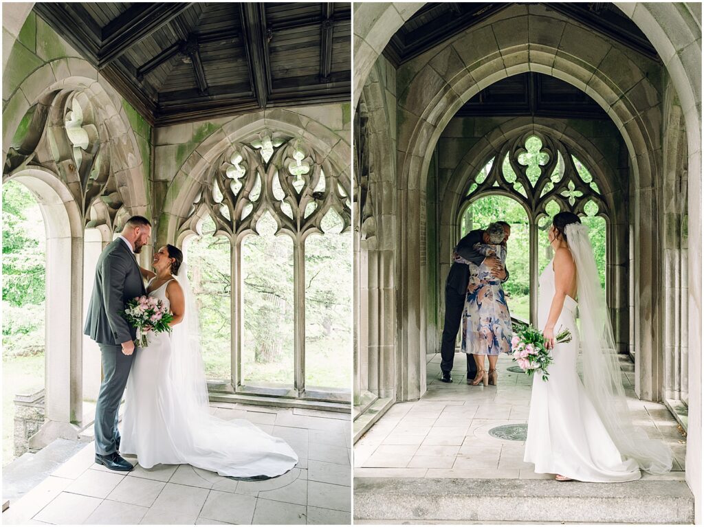 A bride and groom stand on the porch of a Philadelphia wedding venue.