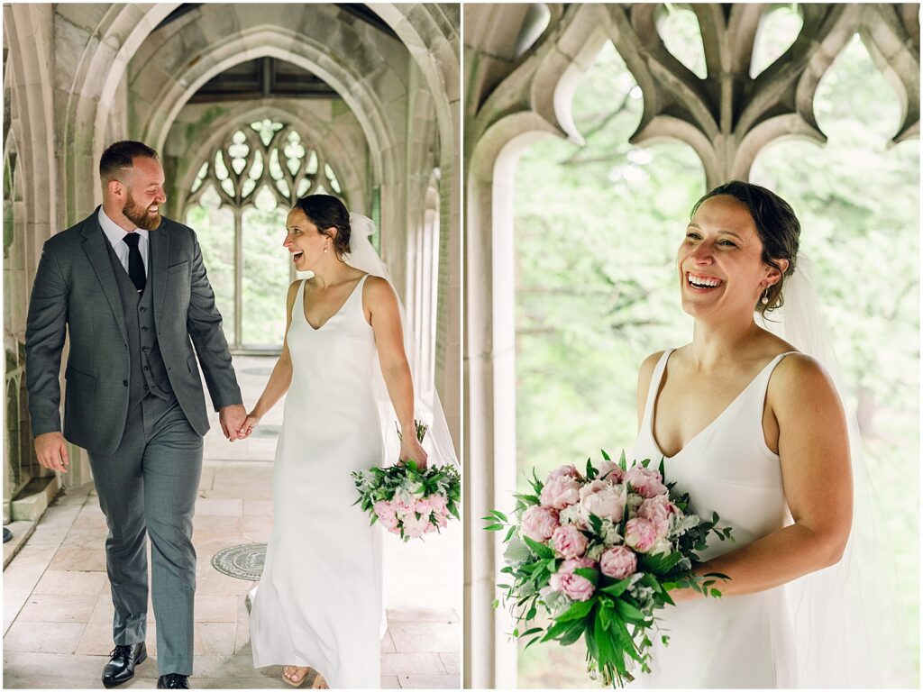 A bride poses with a pink bouquet for a portrait on a rainy day.