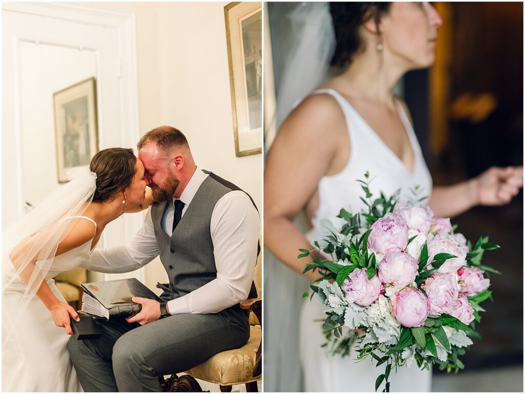 A bride and groom nuzzle noses before their wedding ceremony.