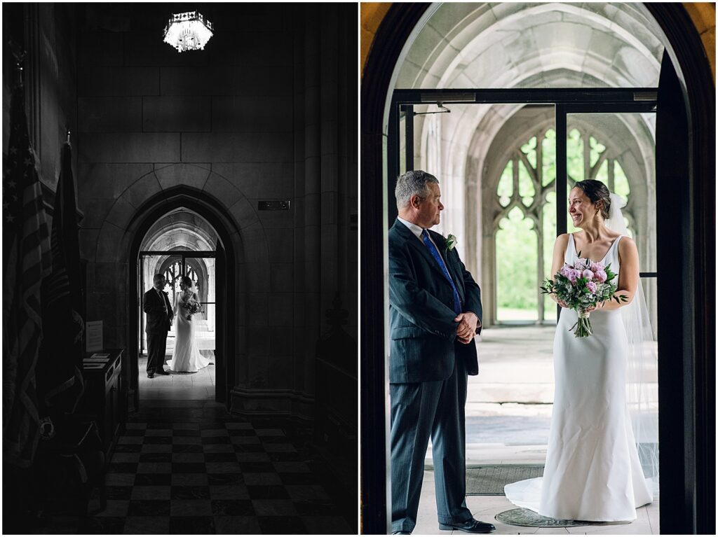 A bride waits at church doors with her father.