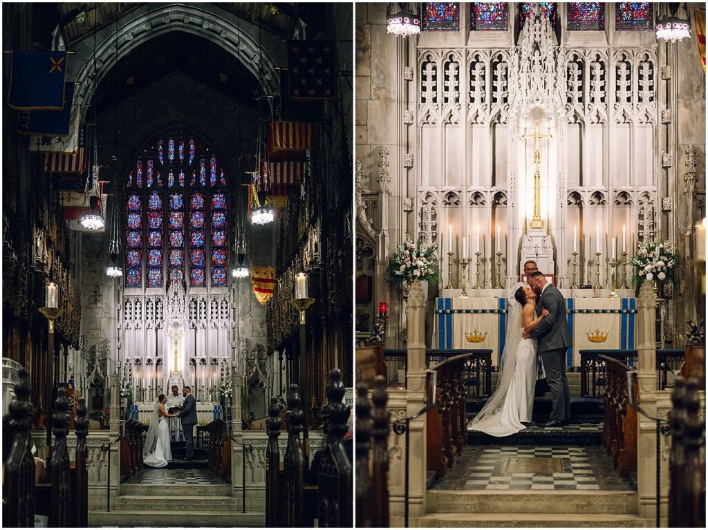 A bride and groom share a first kiss at the end of their church wedding.