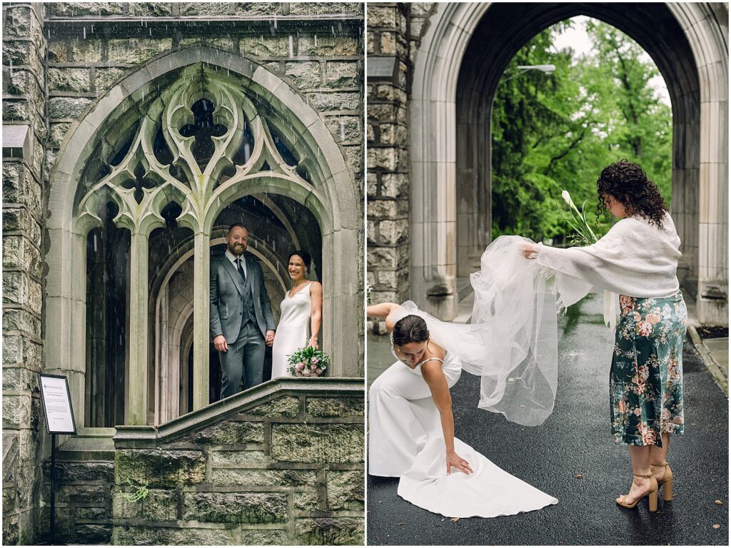 A bride and groom pose for a wedding portrait at a Philadelphia wedding venue.