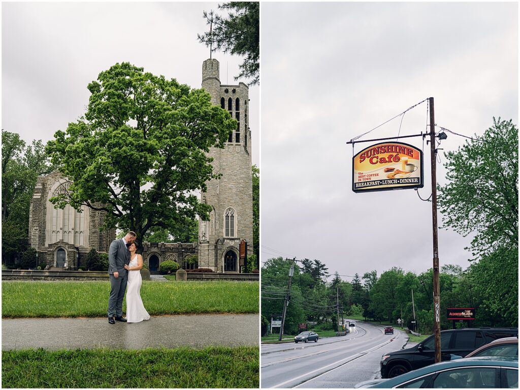 A sign hangs outside a diner that serves as a unique wedding reception venue.