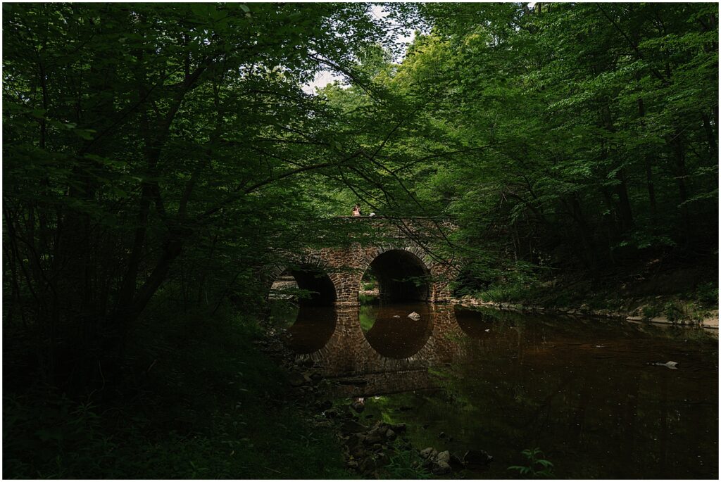 A bride and groom cross a stone bridge after their wedding at Bowman's Hill Wildflower Preserve.