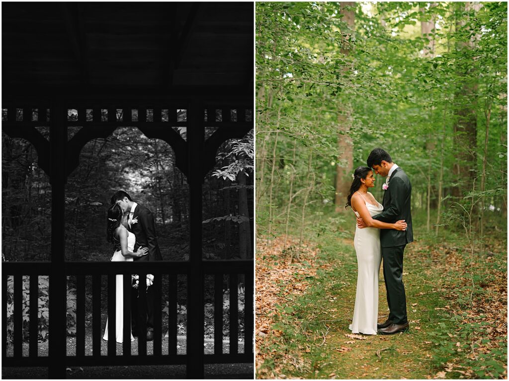 A bride and groom kiss behind a gazebo at Bowman's Hill Wildflower Preserve.