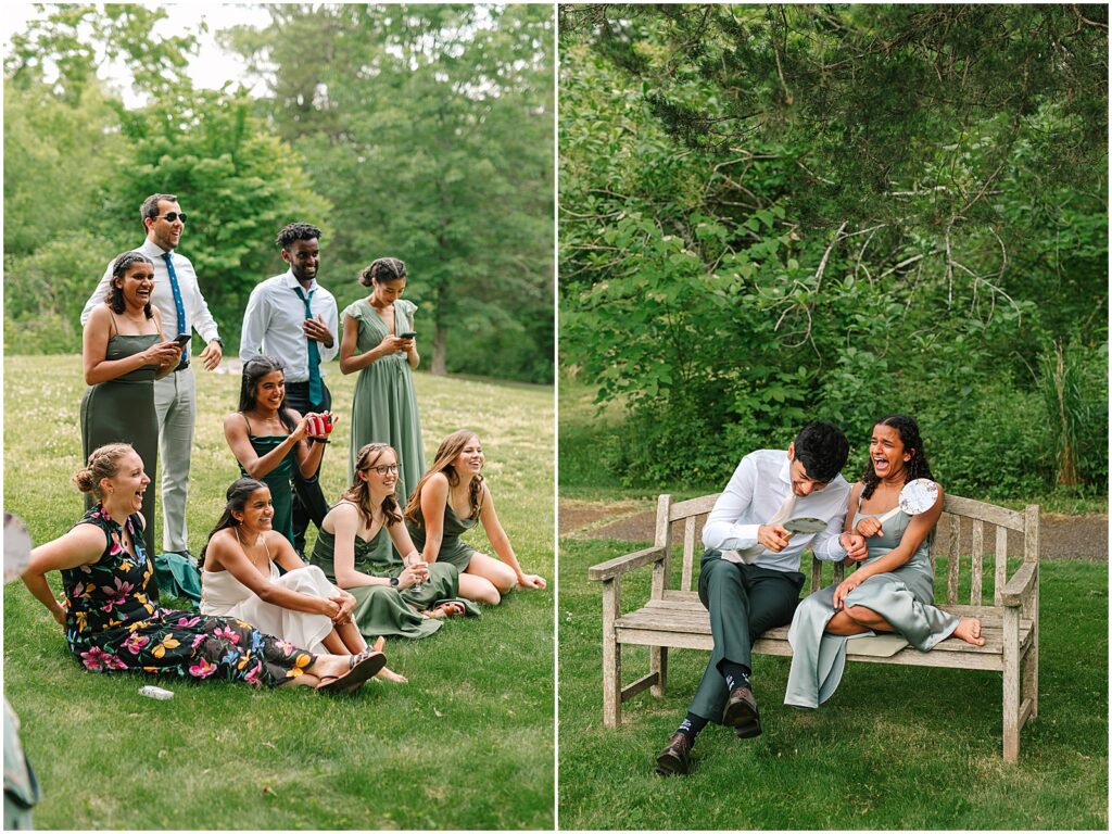 A groom and his sister-in-law laugh while they play a game at a wedding reception.