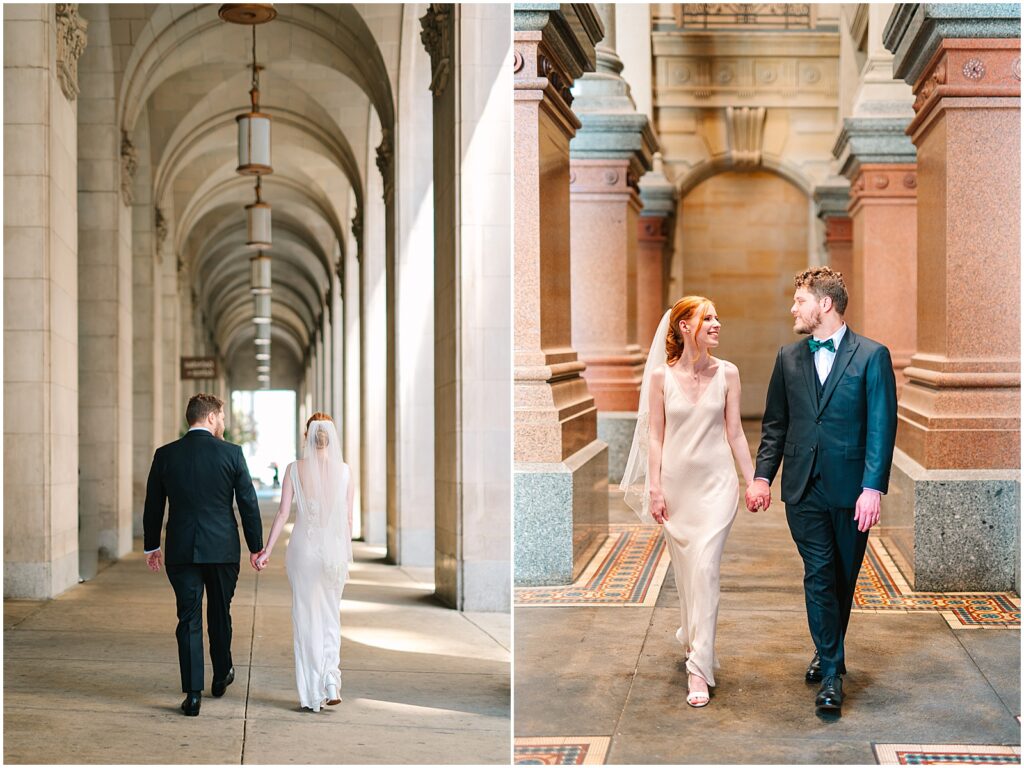 A bride and groom hold hands as they walk down a sidewalk at Philadelphia City Hall.