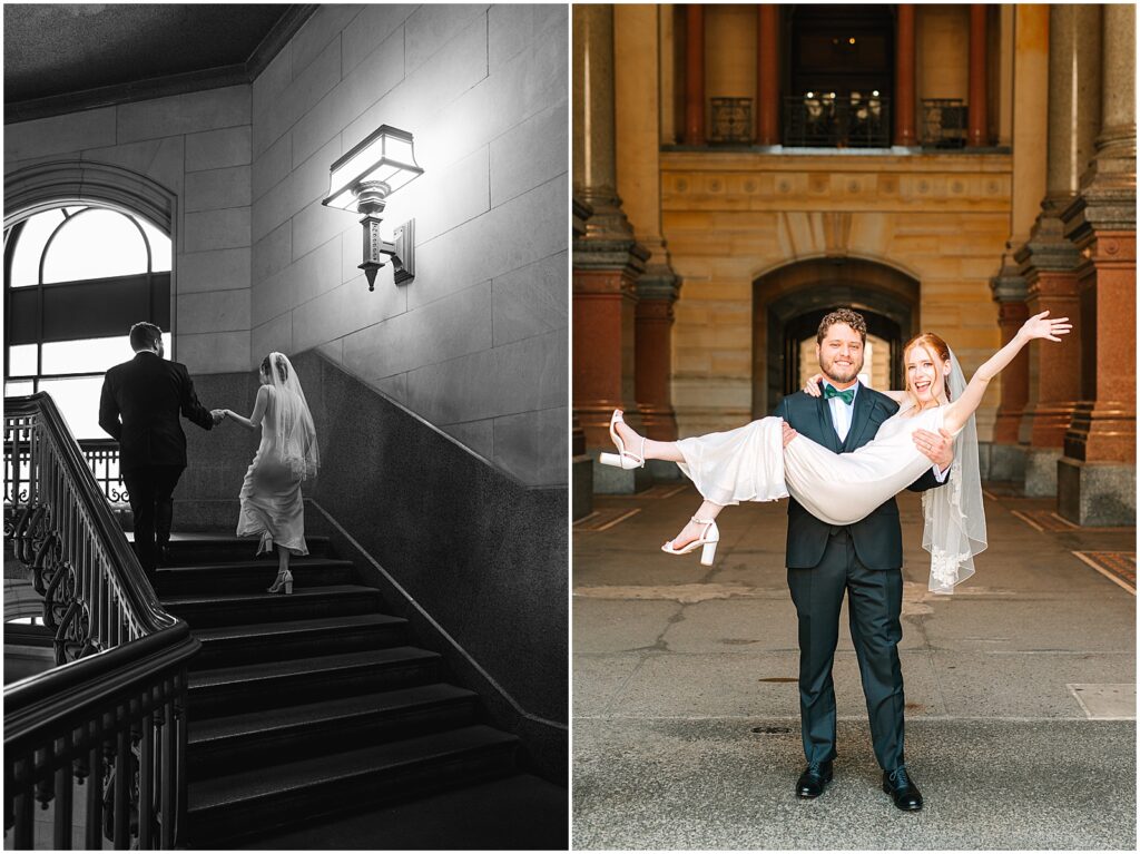 A groom leads a bride up a staircase inside Philadelphia City Hall for their elopement.