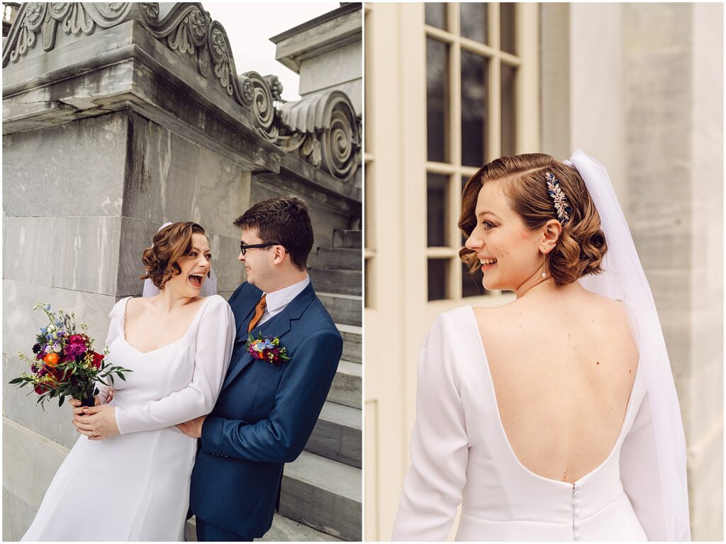 A bride leans against a groom in front of an Old City building.