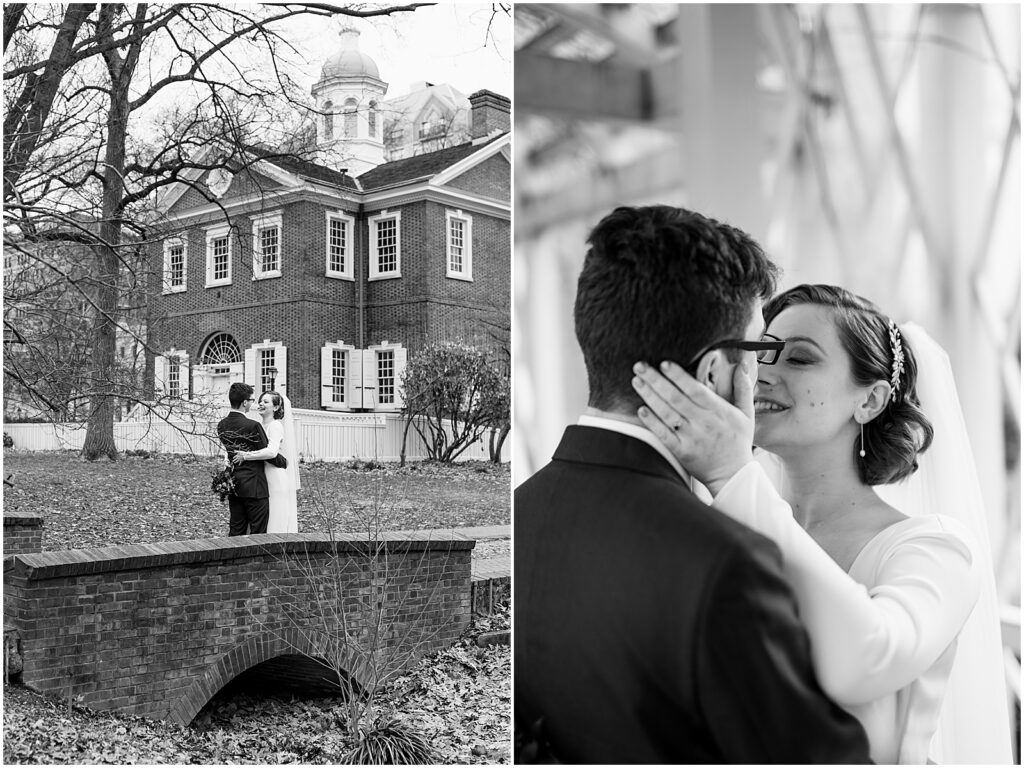 A bride and groom stand on a bridge in a Philadelphia wedding photo.