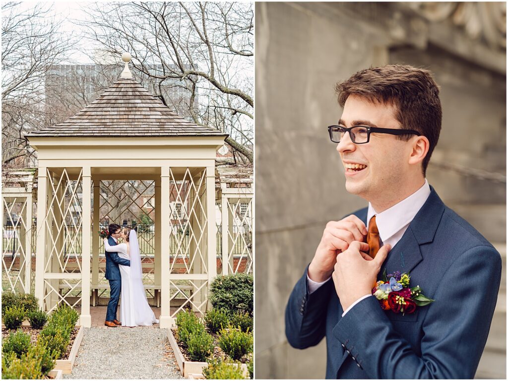 A groom straightens his tie and smiles.