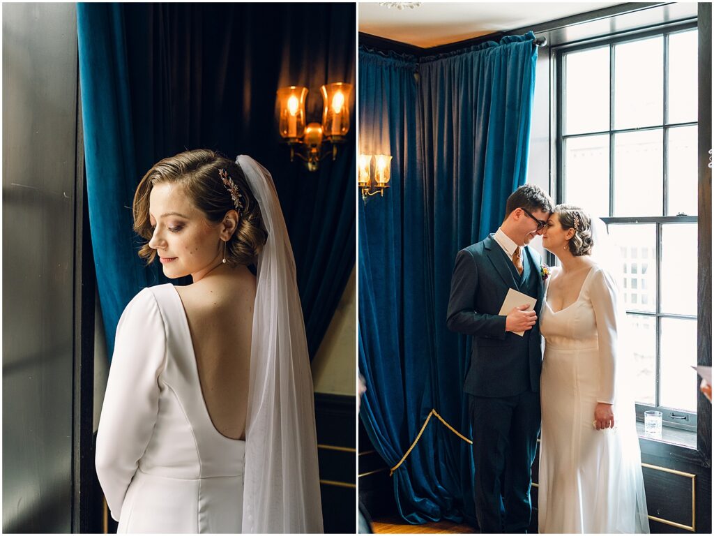 A bride poses beside a blue curtain at her Royal Boucherie wedding.