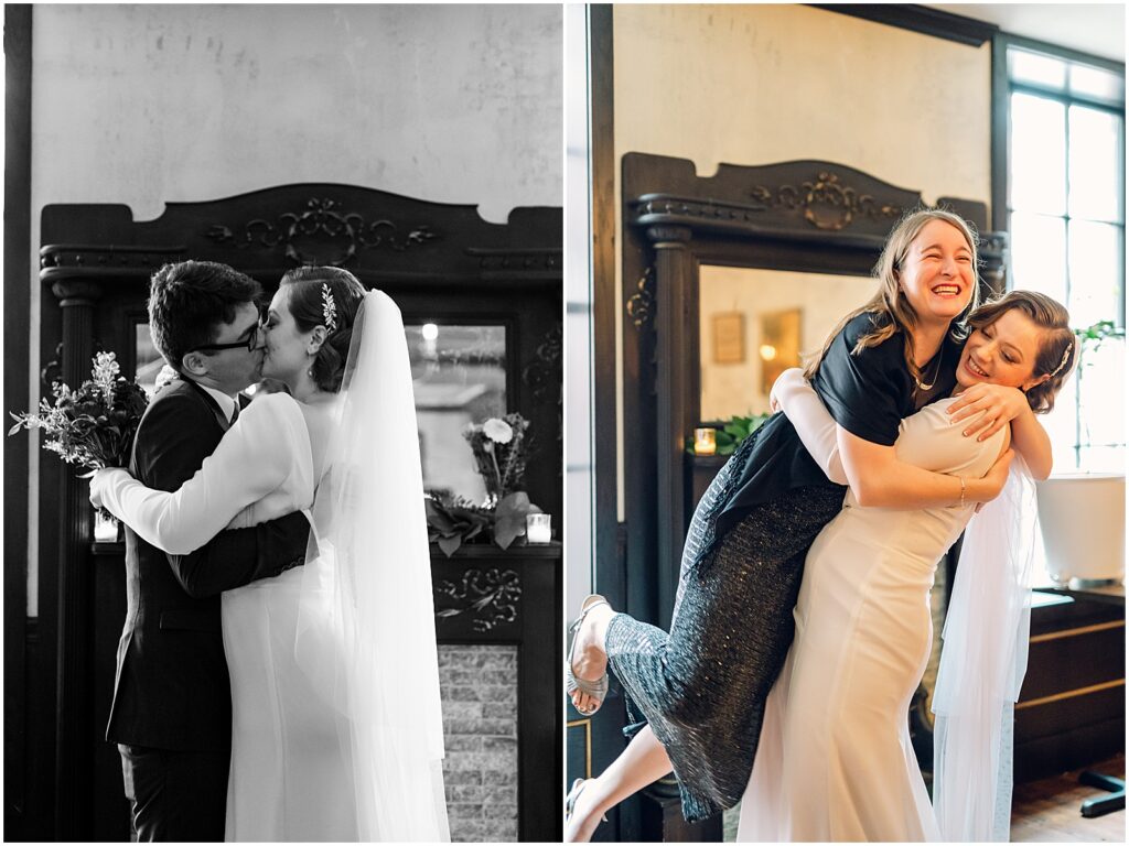 A bride and groom kiss at the end of their Royal Boucherie wedding ceremony.